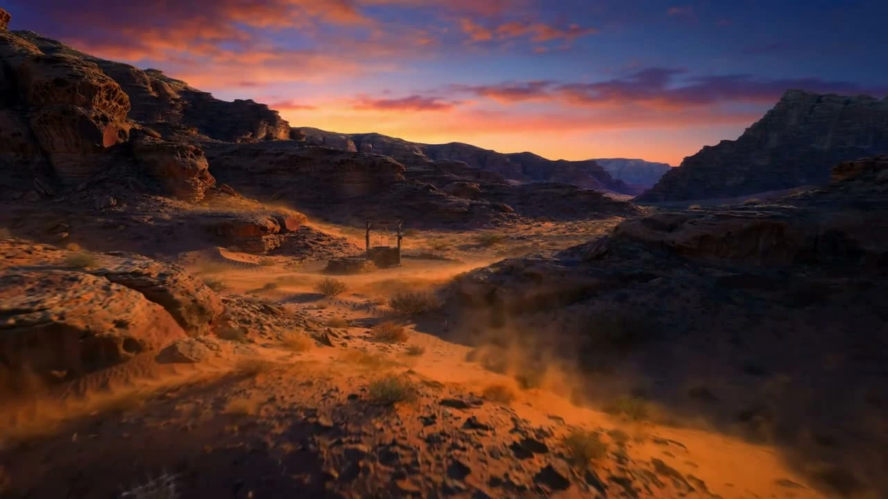 A quiet ancient well among sandstone cliffs at sunset